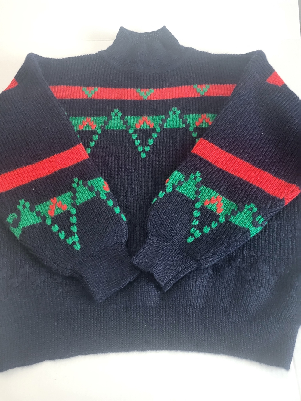 Vintage Esprit Navy Mock Neck Sweater with Red Stripes and Green Motif